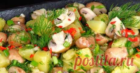 Простой закусочный салат из двух ингредиентов: быстро и вкусно Простой закусочный салат из двух ингредиентов получается великолепным: красивый, ароматный, аппетитный – сказка своими руками. Яркое блюдо понравится всем: вроде ничего особенного, но какое сочетание вкусов. Хрустящие маринованные грибочки, отварной картофель и бесподобная заправка – равнодушных не будет.