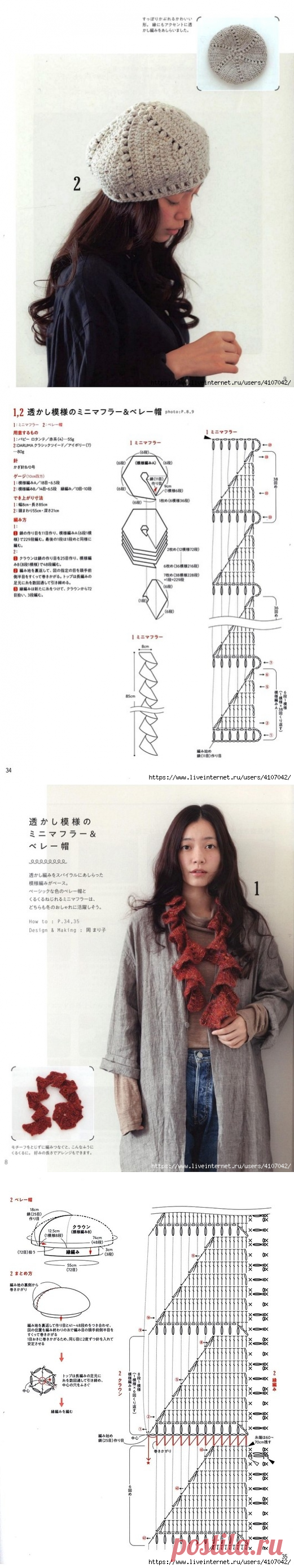 ШАРФ И БЕРЕТ ДИАГОНАЛЬНЫМ УЗОРОМ. КРЮЧОК