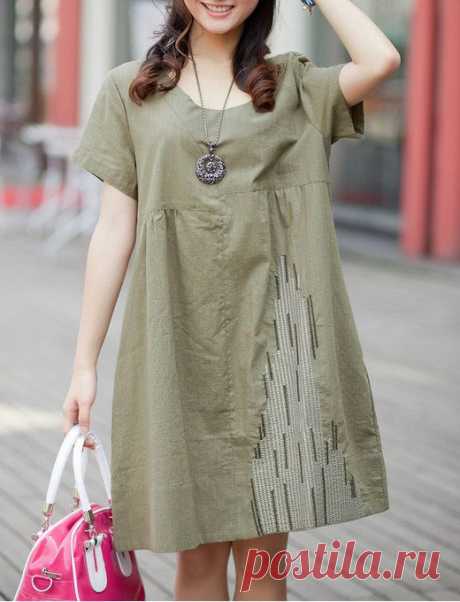 Army Green платье хлопок / лен платье с коротким рукавом от ElegantGens