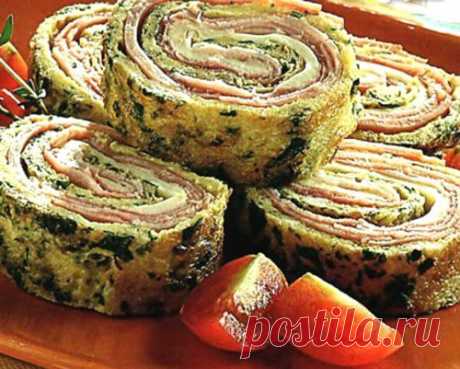 Рулет праздничный с ветчиной, сыром, шампиньонами / Простые рецепты
