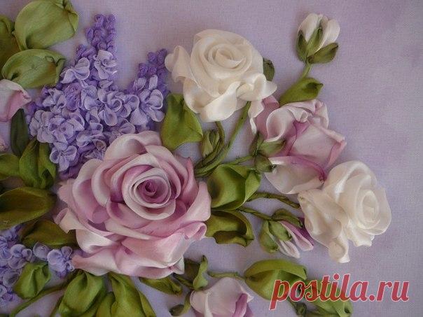 МАСТЕР-КЛАСС КАРТИНЫ В ТЕХНИКЕ ВЫШИВКА ЛЕНТАМИ С РОЗАМИ И СИРЕНЬЮ ОТ TATYANKA