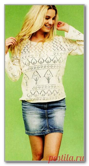 Вязание спицами. Описание женской модели со схемой и выкройкой. Ажурный пуловер с длинными рукавами. Размеры: S (М) L (XL)