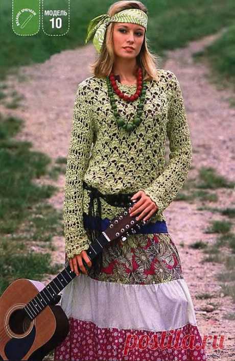 Ажурный пуловер цвета киви | Вязание спицами, крючком, схемы вязания