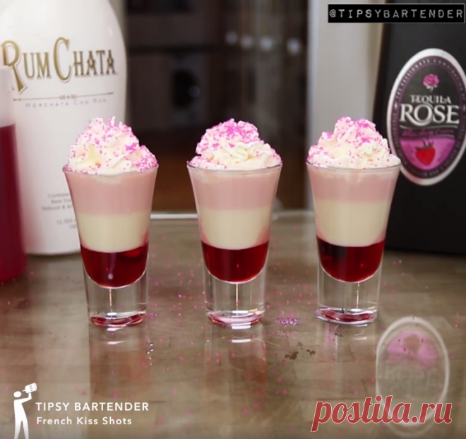 French Kiss Shot - TipsyBartender.com Make tonight a little naughty with our French Kiss Shot!  Our French Kiss Shot is made with Rum Chata, Tequila, Whipped Cream, and Grenadine! 