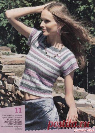 . Летний джемпер крючком с короткими рукавами, связанный от горловины