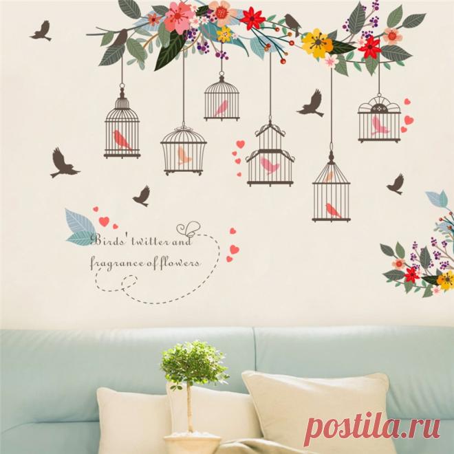 Красочные цветочные птицы Наклейка на стену клетка для птицы наклейки на стену для дома, гостиной, спальни, фона для телевизора, декора садовых окон | Дом и сад | АлиЭкспресс
