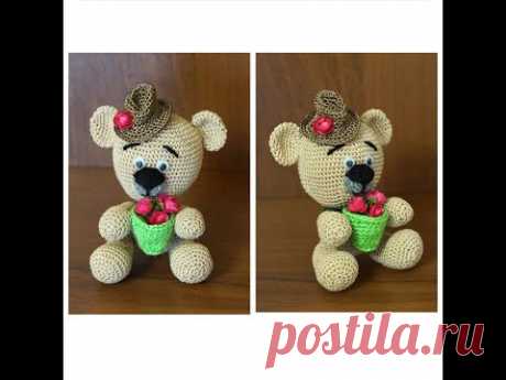 Мишка крючком часть 2 (teddy bear part 2). Медвежонок связан из пряжи  Pelican; 100% хлопок двойной мерсеризации; в 50 гр 330 метров. Использован крючок 1,5 мм. Высота игрушки в сидячем положении 11 см (вместе со шляпой). Шляпка связана из пряжи YarnArt TULIP в 50 гр. 250 м. Цветы использованы готовые покупные.