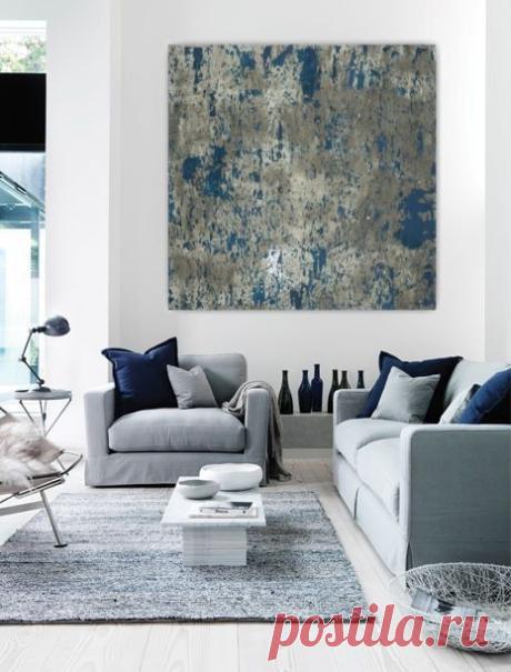 Large abstract painting teal blue navy grey gray white canvas art wall art big…