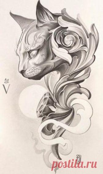 Каталог эскизов тату с кошками и рысями, идеи для разработки индивидуального дизайна, фотографии татуировок. Значение тату с кошкой и рысью.