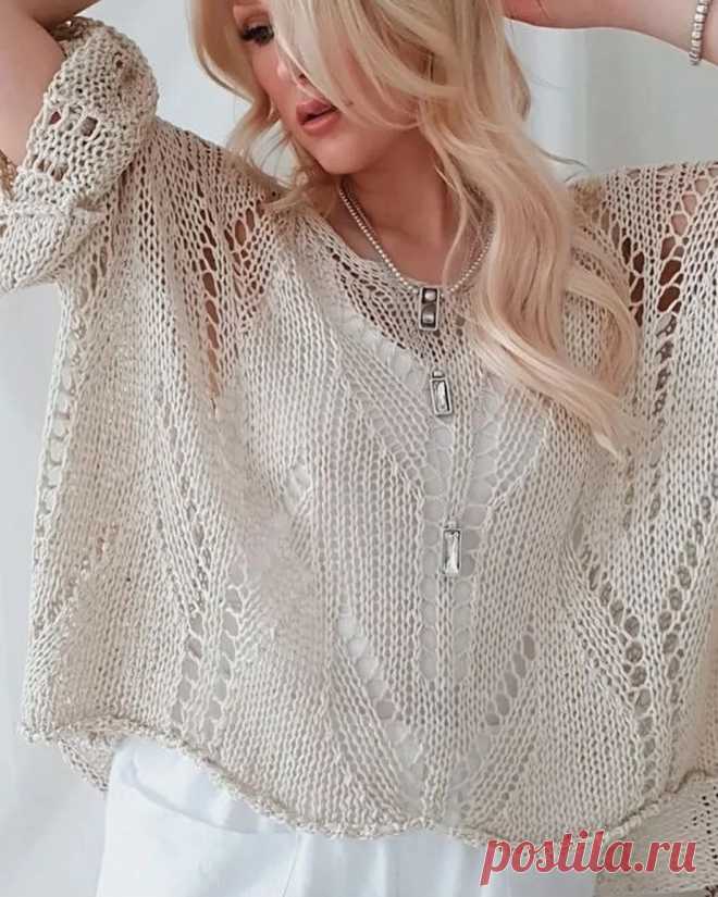 Photo by Burda knitting on April 27, 2023. May be an image of 1 person, cardigan, sweater, knit, crochet, top and poncho.