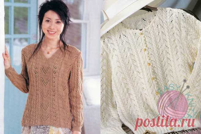 Вязаные кофточки спицами с вертикальными ажурными дорожками | EasyKnit.ru