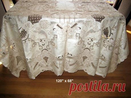 Vintage Linen Banquet Tablecloth Incredible Cutwork Exquisite Hand Work 120x68 | eBay