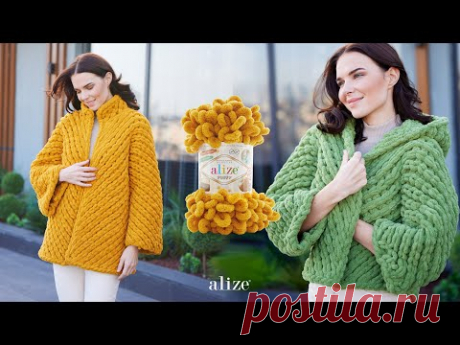 Женский кардиган с узором "елочка" с Alize Puffy
