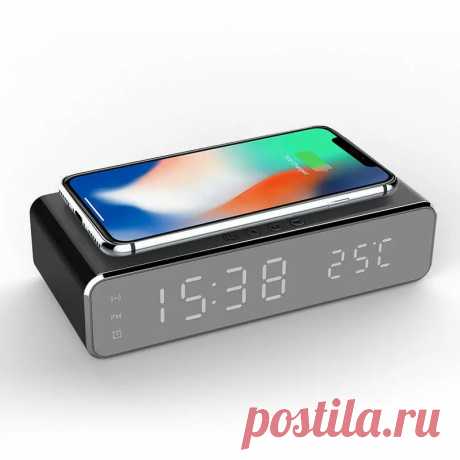 Electric led 12/24h alarm clock with phone wireless charger table digital thermometer display desktop clock Sale - Banggood.com