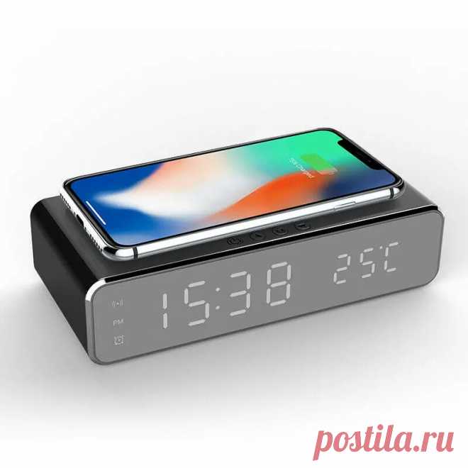 Electric led 12/24h alarm clock with phone wireless charger table digital thermometer display desktop clock Sale - Banggood.com