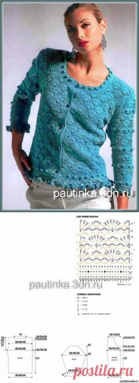 Вязаная кофточка бирюзового цвета - Схемы вязания ажурных кофточек - Схемы для вязания - Уроки вязания крючком - Вязание крючком, мотивы, схемы для вязания крючком