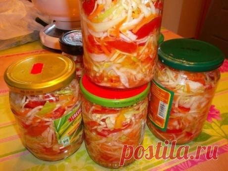 Салат "Люкс"

1кг помидор
350 гр моркови тертой
1кг сладкого перца
300 гр лука
1 кг капусты

Овощи порезать, перемешать и добавить:

50 гр соли
250 мл р. масла
50 гр сахара
80 мл уксуса 9%

Опять все перемешать, сложить все в стерилизованные банки и поставить все стерилизоваться — 0,5 л. банки 40 минут. Из всех продуктов выход — 8 поллитровых баночек. Поставить вверх дном и накрыть теплым до следующего дня дня.