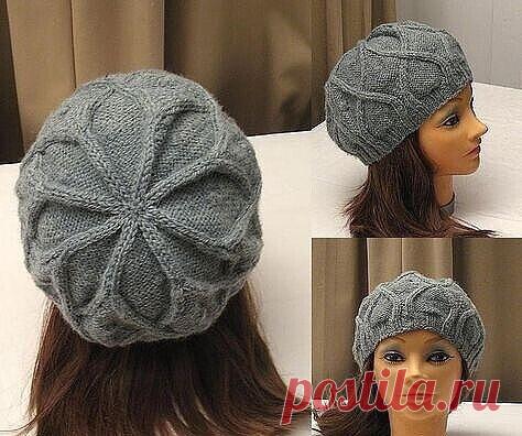 Берет интересным узором Окружность: 56 см. Высота: 18 см.Материалы: моток пряжи средней толщины, круговые и чулочные спицы 3,75 мм.Плотность вязания: 6 петель лицевой глади = 2.5 см.Прибавить петлю: вытащить нить из протяжки на левую спицу и провязать ее лицевой за заднюю стенку. Прибавить 2 петли: вытащить нить...