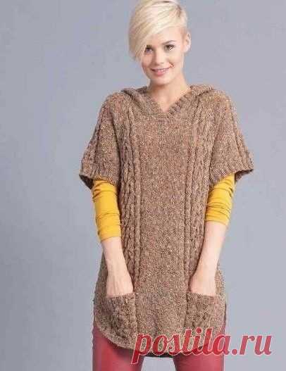 Жилет с капюшоном - стильное решение Очень удобная и стильная вещичка, молодёжный жилет с капюшоном. Под брюки смотрится идеально.Размеры: 34/36, 38/40 и 42/44Вам потребуется: 400/450/500 г коричнево-бежевой пряжи LANG YARNS DONEGAL (100% мериносовой шерсти, 190 м/50 г); спицы № 4 и № 4,5; круговые спицы № 4; вспом. спица...