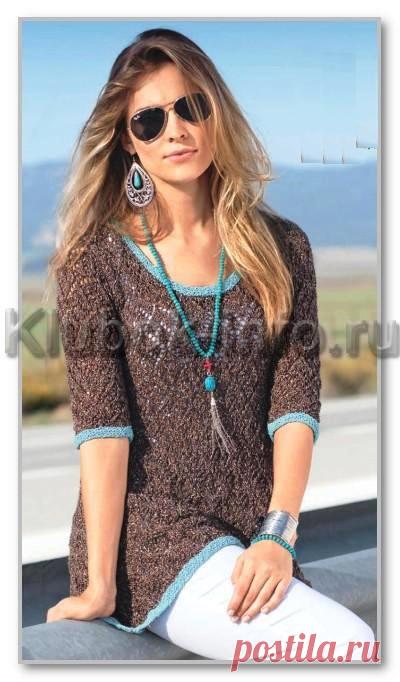 Вязание спицами. Женские модели. Расклёшенный пуловер с контрастными планками и ажурным узором. Размеры: 36/38 (42/44) 46/48