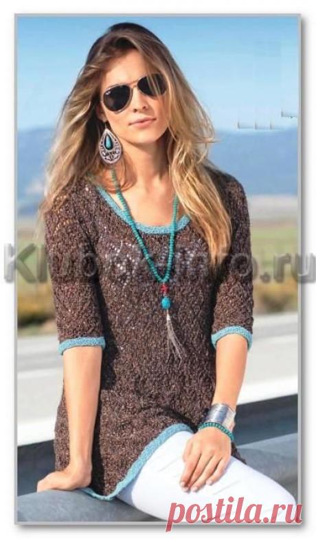 Вязание спицами. Женские модели. Расклёшенный пуловер с контрастными планками и ажурным узором. Размеры: 36/38 (42/44) 46/48