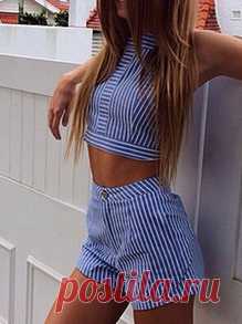 Halter Striped Crop Top With Shorts