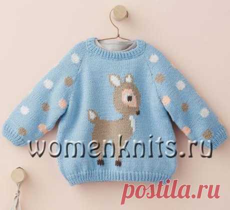 Детский джемпер спицами с олененком