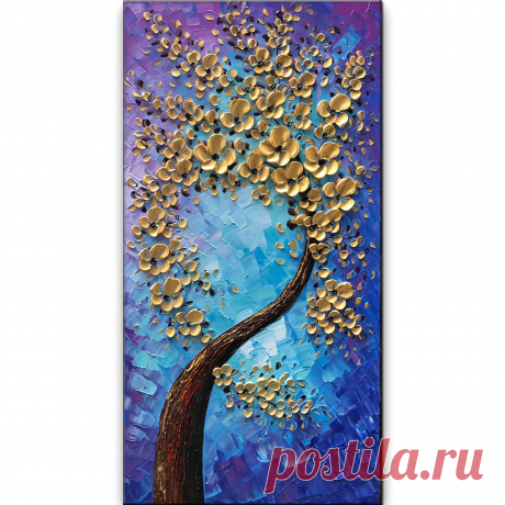 Vertical Paintings Gold Flower Tree Canvas Art Decor Living Room – AsdamArt