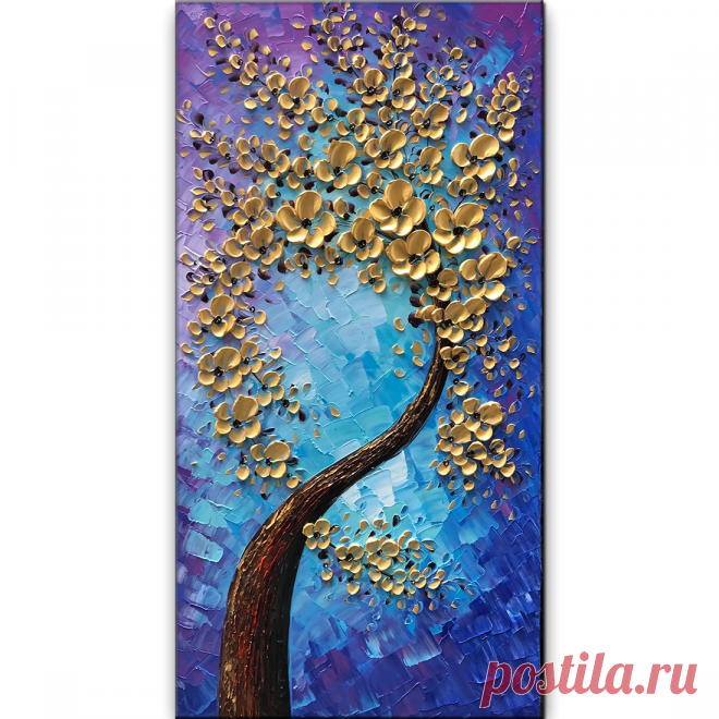 Vertical Paintings Gold Flower Tree Canvas Art Decor Living Room – AsdamArt