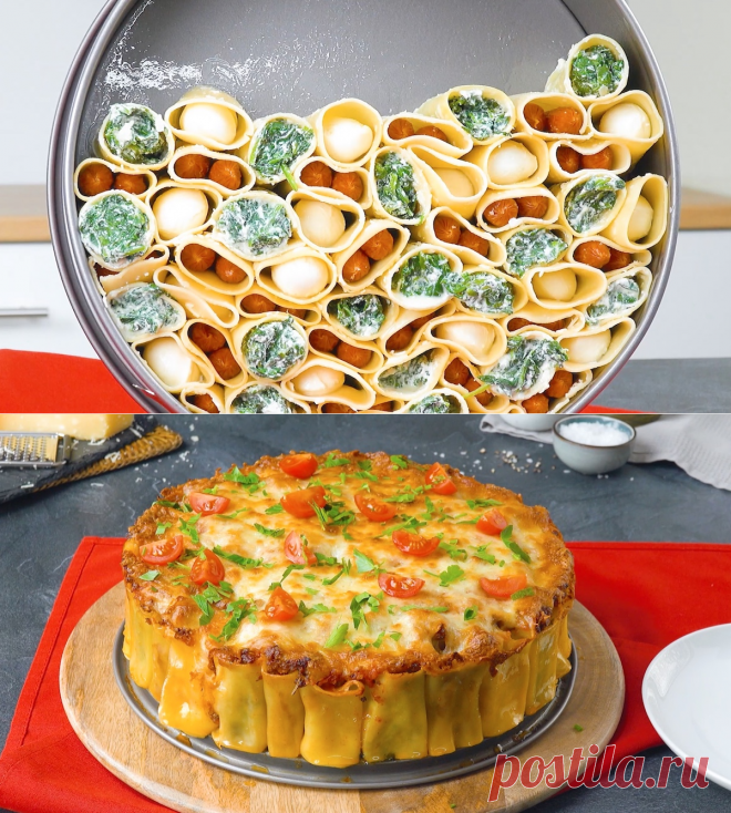 Пирог из каннеллони с тройной начинкой и мясным соусом