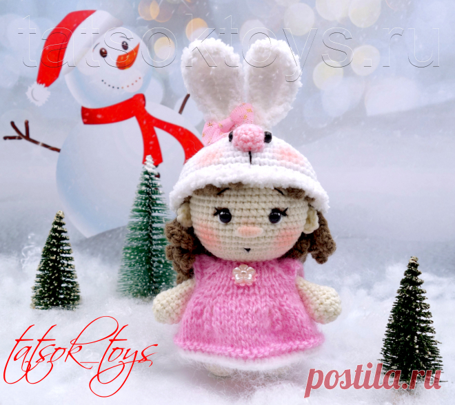 PDF Девочка-зайка крючком. FREE crochet pattern; Аmigurumi doll patterns. Амигуруми схемы и описания на русском. Вязаные игрушки и поделки своими руками #amimore - маленькая кукла в шапочке с заячьими ушками, пупс, куколка, пупсик, девочка.