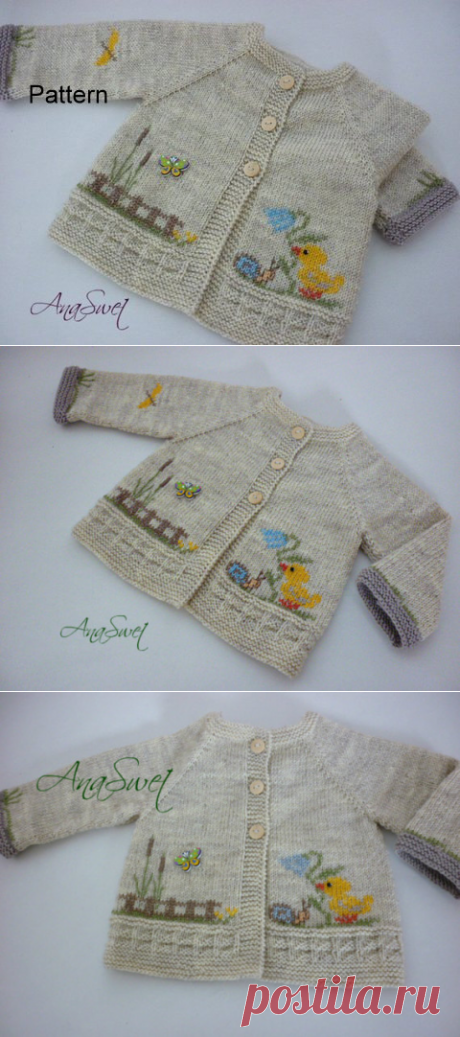 Knit baby pattern.Pattern baby cardigan with chicken.PC004
