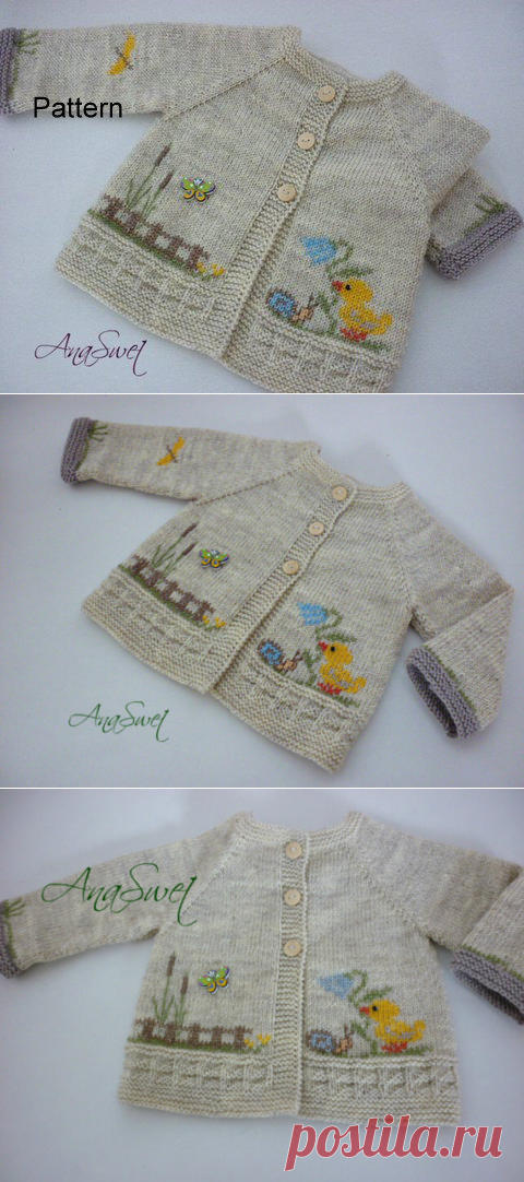 Knit baby pattern.Pattern baby cardigan with chicken.PC004