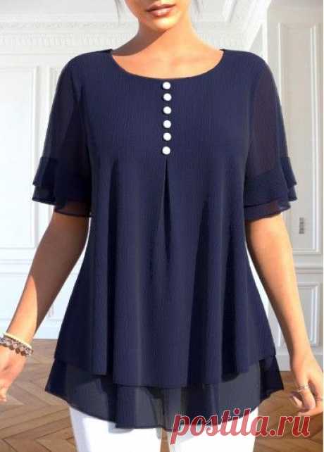 Navy Blue Short Sleeve Tunic Top Mature Womens Tops ROTITA Layered Navy Round Neck Short Sleeve T Shirt