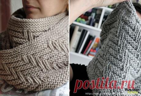 Шарф-труба «Рыбий скелет» спицами.