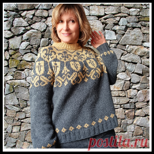 Жаккардовый джемпер Геральдика с круглой кокеткой - описание и схема вязания спицами