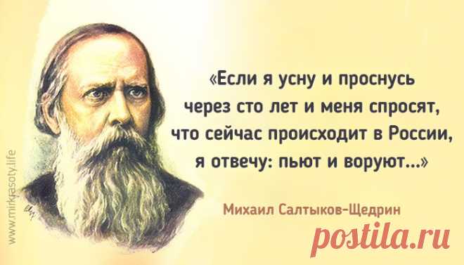 20 метких цитат Салтыкова-Щедрина Откройте любое его произведение – кажется, что он пишет о сегодняшнем дне. Просто даёшься диву: он сумел заглянуть в будущее или за эти 150 лет ничего не изменилось?

Михаил Евграфович Салтыков-Щедрин занимает в русской литературе отдельную нишу – только он может так необыкновенно метко критиковать и высмеивать окружающую нас действительность. Хотя, нам не привыкать. Мы видим это каждый Божий день.


 	Если я усну и проснусь через сто лет ...