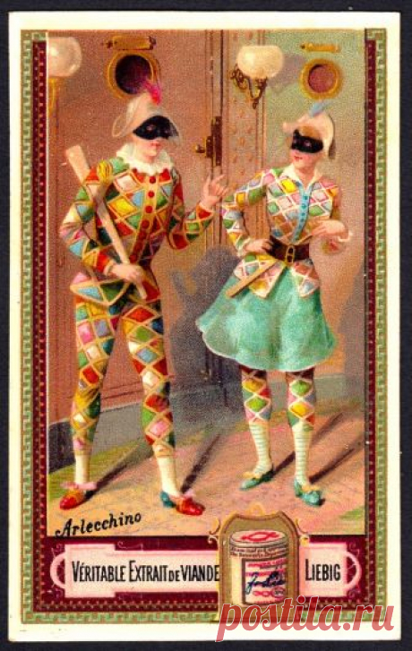 Liebig Chromo S149 Italian Masques - Arleccino Liebig's Beef Extract "Italian Masques I" French issue, 1883 Arlecchino ~ Harlequin