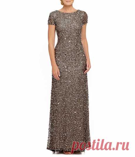 Adrianna Papell Short-Sleeve Sequined Long Skirt Gown | Dillards