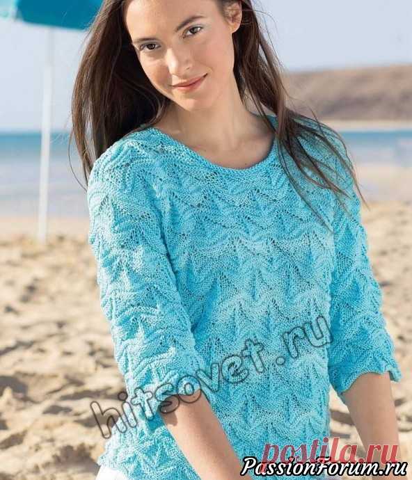Пуловер рельефным узором - запись пользователя Лисик (Светлана) в сообществе Вязание спицами в категории Вязание для женщин спицами. Схемы вязания спицами Вам потребуется: 400 (500, 600) г бирюзовой пряжи, состоящей из 100% хлопка; длиной нити 250 метров в 100 граммах; спицы № 3; круговые спицы № 3.  Размеры пуловера: 36-38 (42-44, 48-50).