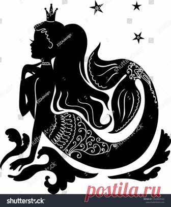 Стоковая векторная графика «Silhouette Mermaid Sitting On Waves Isolated» (без лицензионных платежей), 1032804160: Shutterstock