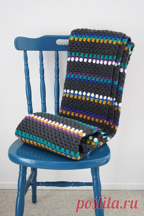 Crochet granny stripe blanket: mustard, green, purple, blue, white