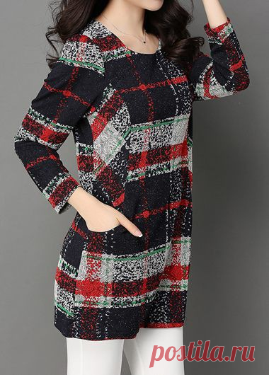 Plaid Print Round Neck Long Sleeve Pocket Blouse | liligal.com - USD $33.48