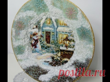Новогодний декупаж тарелки. Имитация снега. Diy.