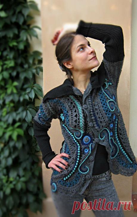 Gray and Blue Crochet Sweater Freeform CrochetLoose by MARTINELI