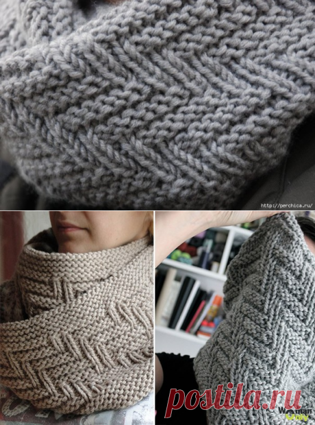 *Fishbone Snood* спицами с двухсторонним узором