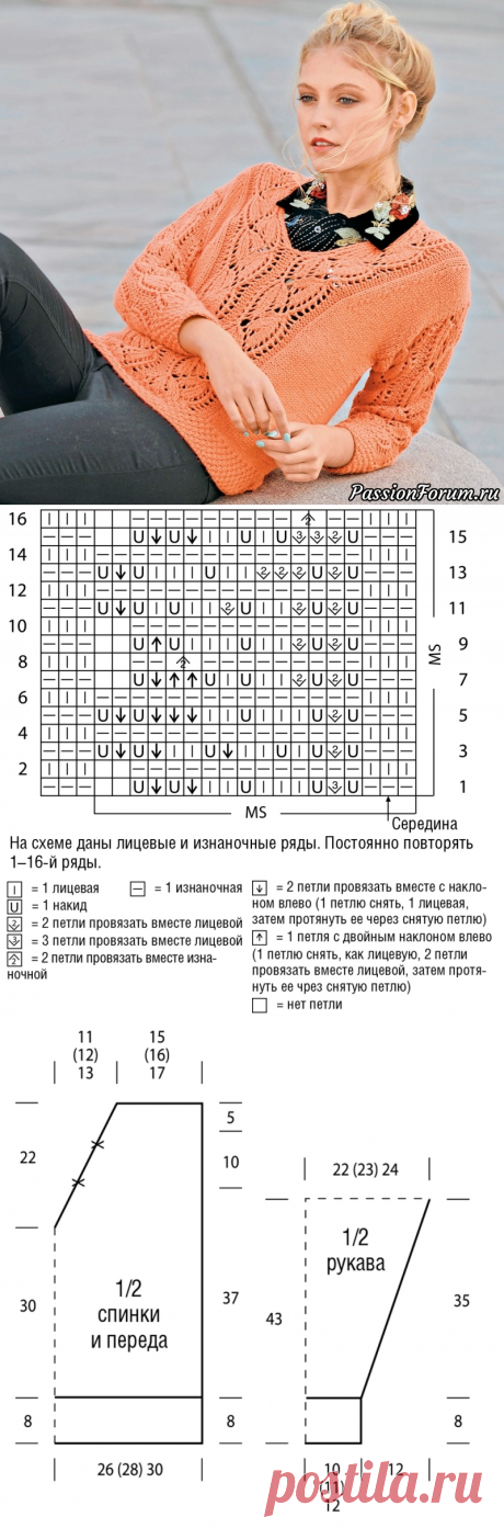 Коралловый пуловер с ажурными листьями. Схема и выкройка - запись пользователя Галина Жданова (Гала) в сообществе Вязание спицами в категории Вязание для женщин спицами. Схемы вязания спицами