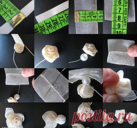 Красивые листики и цветы из лент.