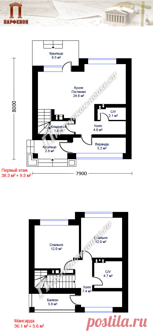 Проект небольшого дома в стиле модерн с жилой мансардой (8.0х7.9 м) ПА-72М

Площадь общая: 72,78 кв.м. + 15,68 кв.м.
Площадь застройки: 71,40 кв.м.
Площадь жилая: 37,24 кв.м.
Строительный объем: 387,00 куб.м.
Высота 1 этажа: 2,750 м.
Высота в мансарде: от 1,110 м. до 3110 м.
Высота дома в коньке от уровня земли: 7,780 м.
Габаритные размеры дома: 7,900 х 8,000 м.
Минимальные размеры участка: 14,00 x 14,00 м. 
Технология и конструкция:
строительство дома из блоков газобетона