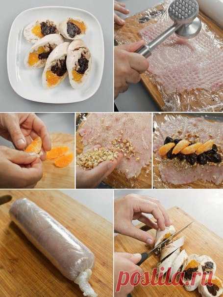 Паровой куриный рулет с мандаринами и черносливом. 

На 100 гр - 141.85 ккал  белки - 18.72  жиры - 5.86  углеводы - 2.83 

Главная прелесть этого рулета заключается в том, что начинка в нем может быть какой угодно: овощной, грибной, или как тут — фруктовой. Куриное мясо вообще неплохо сочетается со сладкими фруктами — например, с грушами или абрикосами, которые для усиления вкуса лучше брать не в свежем, а сушеном виде. А чтобы сбалансировать сладость, можно добавлять поб...